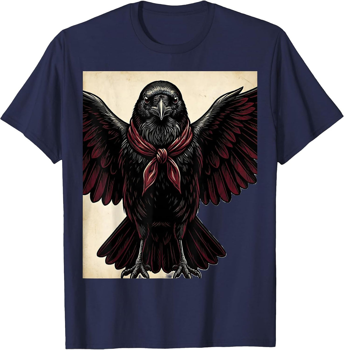 Crow with Bandana Beak Outlaw Bird Illustration T-Shirt - Navy Blue