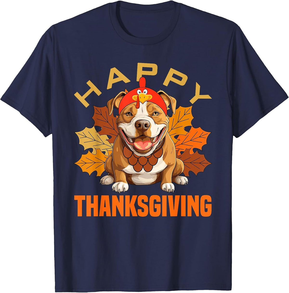 Funny Pitbull Dog in Turkey Costume Happy Thanksgiving Day T-Shirt - Navy Blue