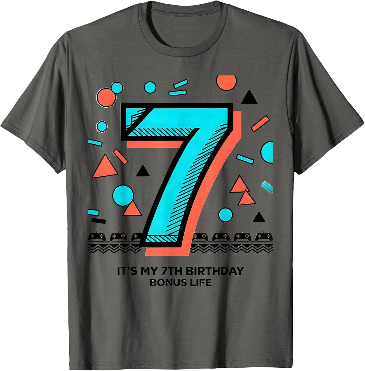 Men's It's My 7th Birthday Bonus Life Memphis Postmodern Gamer T-Shirt - Asphalt Grey
