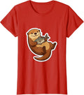 Women's Otter Floating On Back Holding Fish Illustration T-Shirt - Red