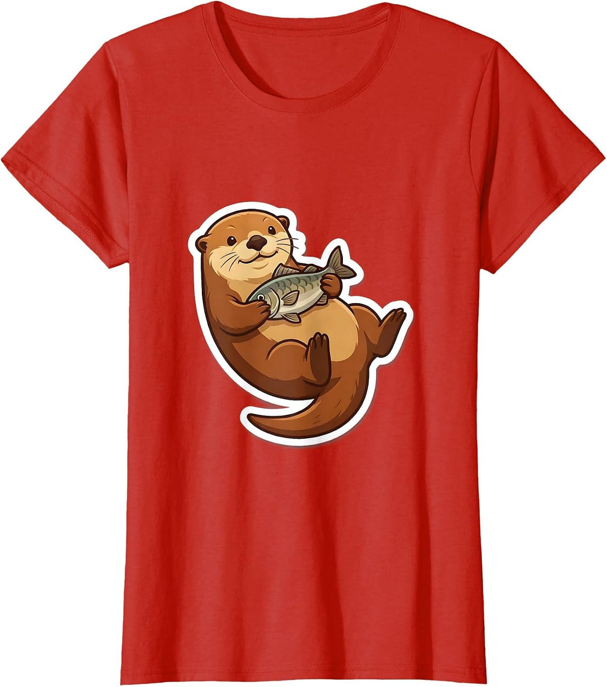 Women's Otter Floating On Back Holding Fish Illustration T-Shirt - Red