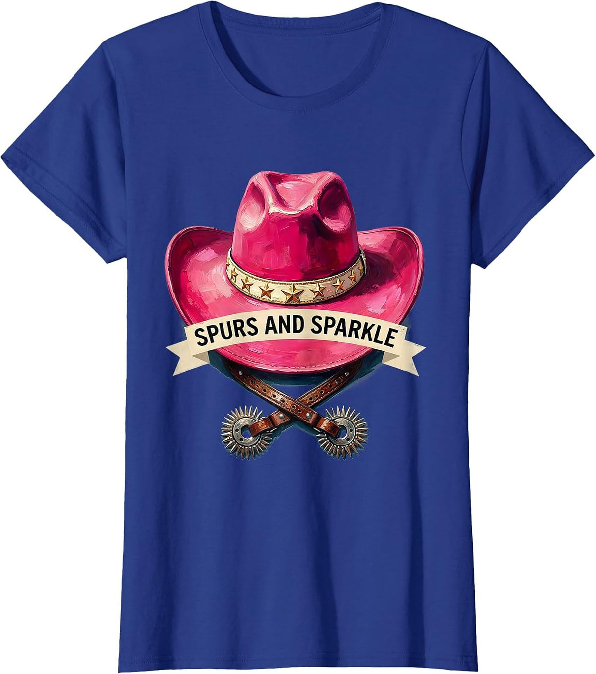 Women's Spurs and Sparkle Pink Cowgirl Design T-Shirt - Royal Blue
