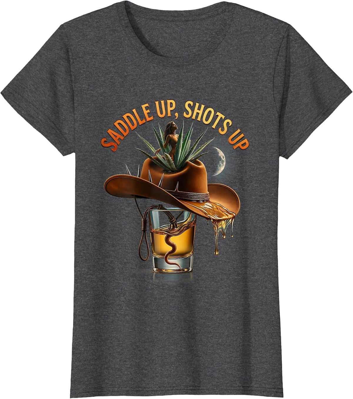Women's Saddle Up Shots Up Cowboys and Tequila Design T-Shirt - Dark Heather Grey