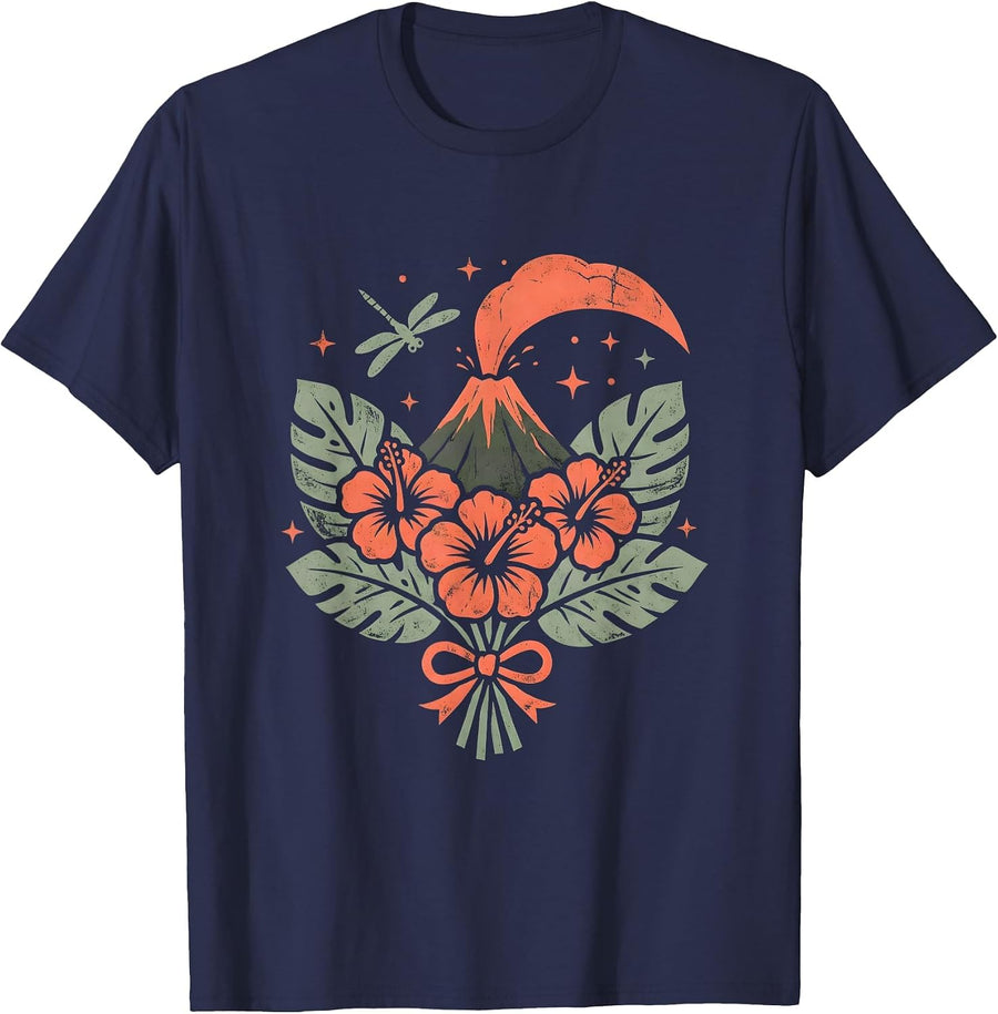 Hawaiian Volcano Erupting Into Starry Night Sky T-Shirt - Navy Blue