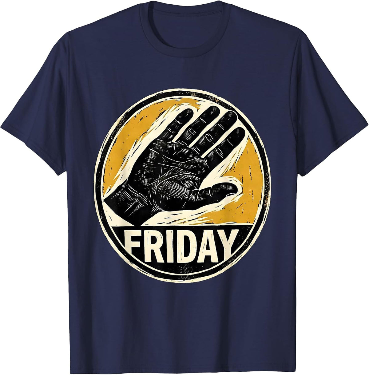 Men's Friday Linocut ASL Sign Language Teacher Humor Gift T-Shirt - Navy Blue