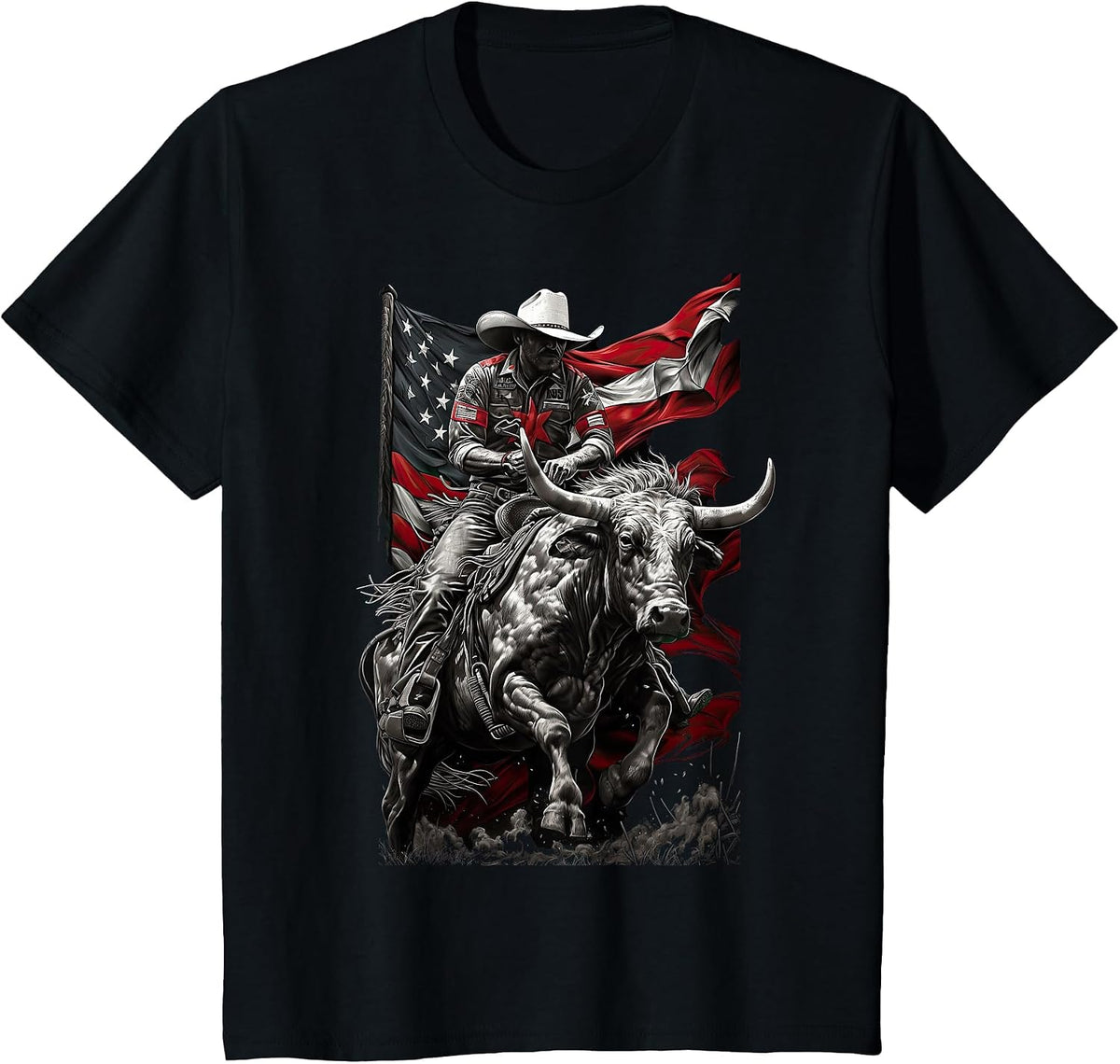 Rodeo Bucking Bull Riding Cowboy Western T-Shirt - Black