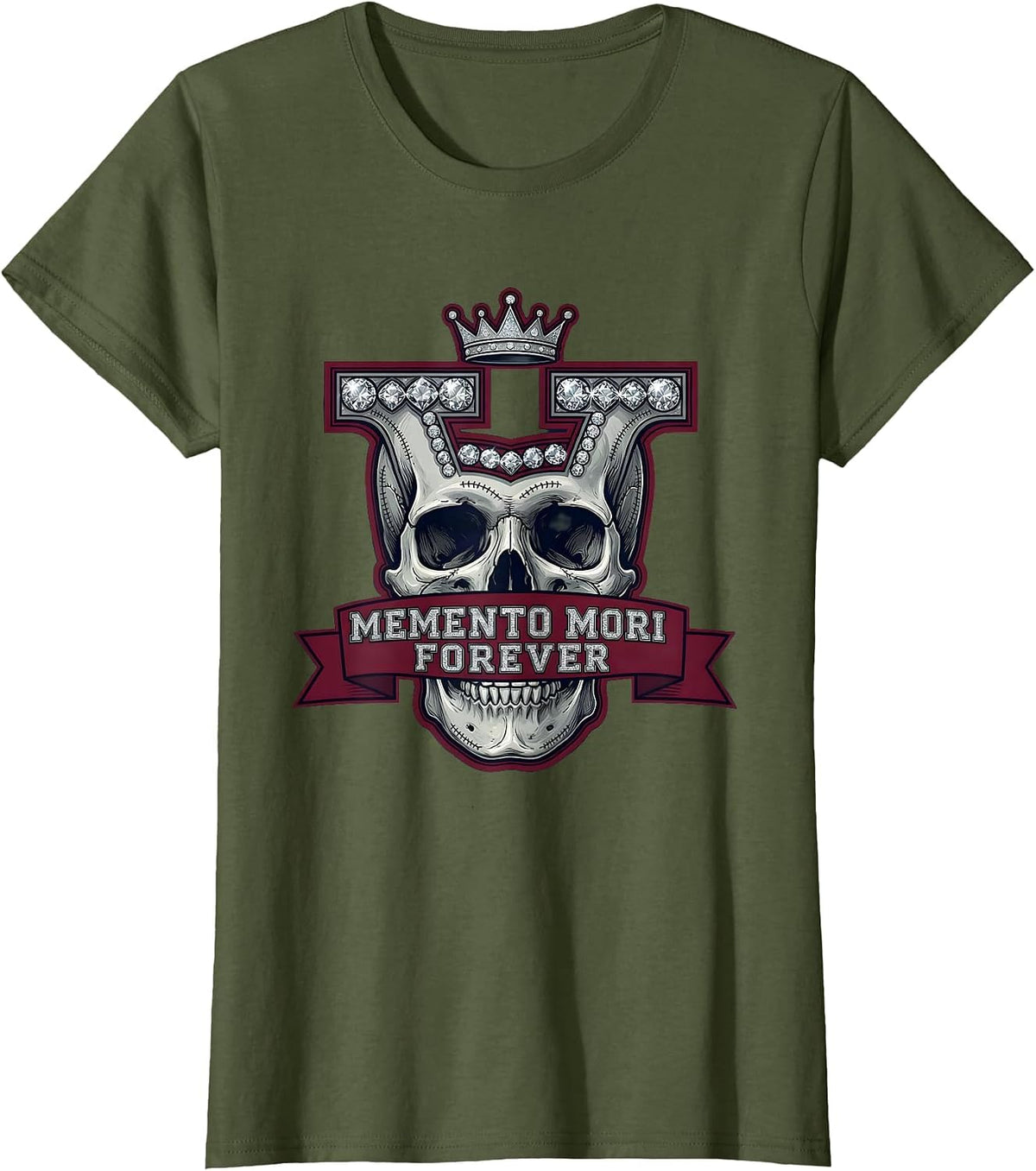 Women's Memento Mori Forever Skull Gothic Design T-Shirt - Olive Green