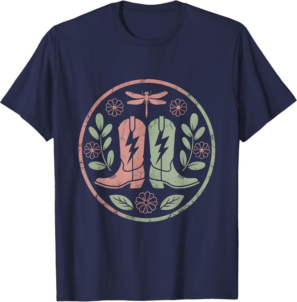 Cowgirl Boots Lightning Bolt Graphic Tee T-Shirt - Navy Blue
