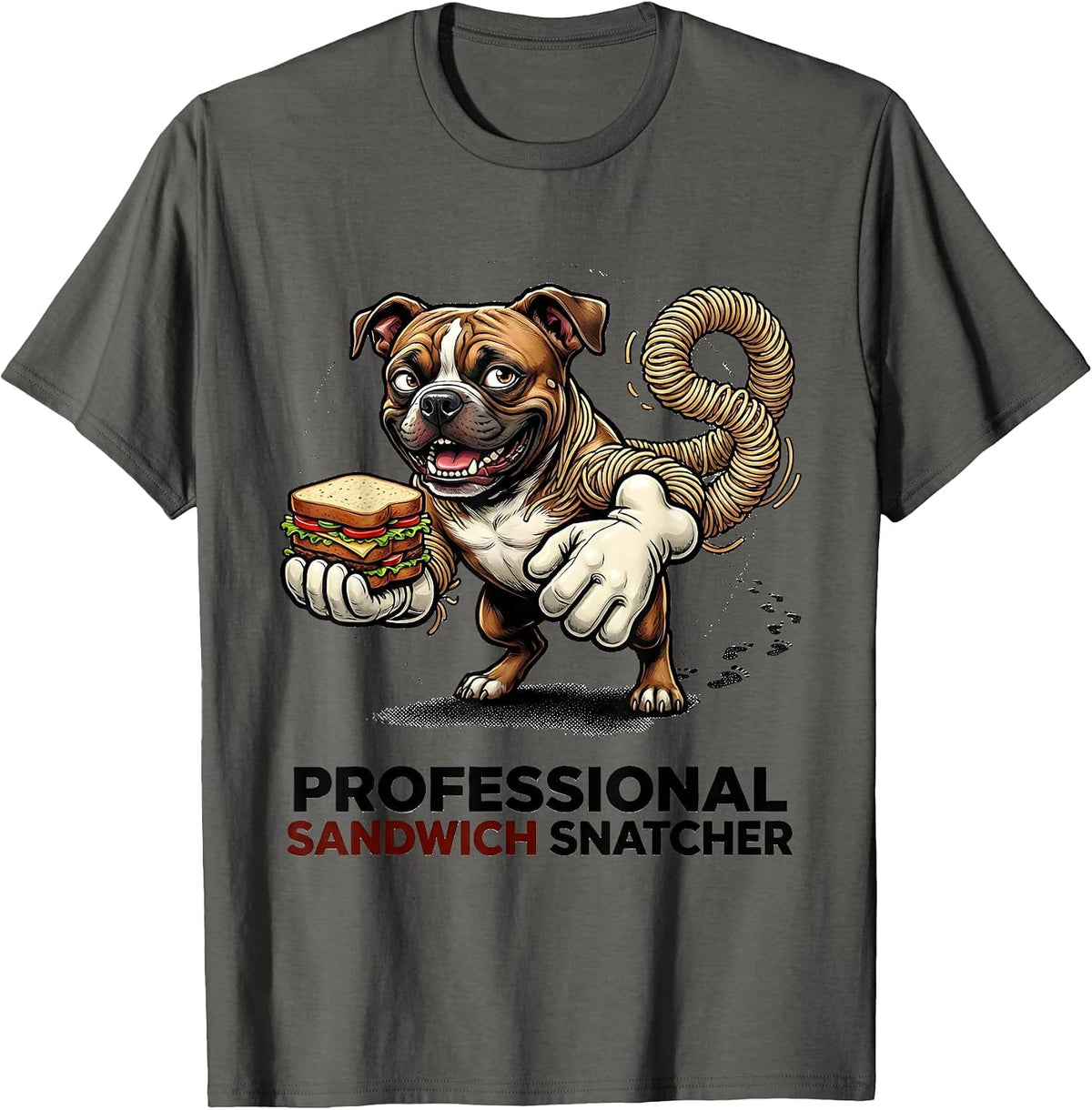 Men's Professional Sandwich Snatcher Retro Cartoon Pitbull Mom Dog T-Shirt - Asphalt Grey