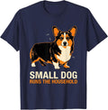 Small Dog, Runs The Household Funny Corgi Mom Dad Retro T-Shirt - Navy Blue