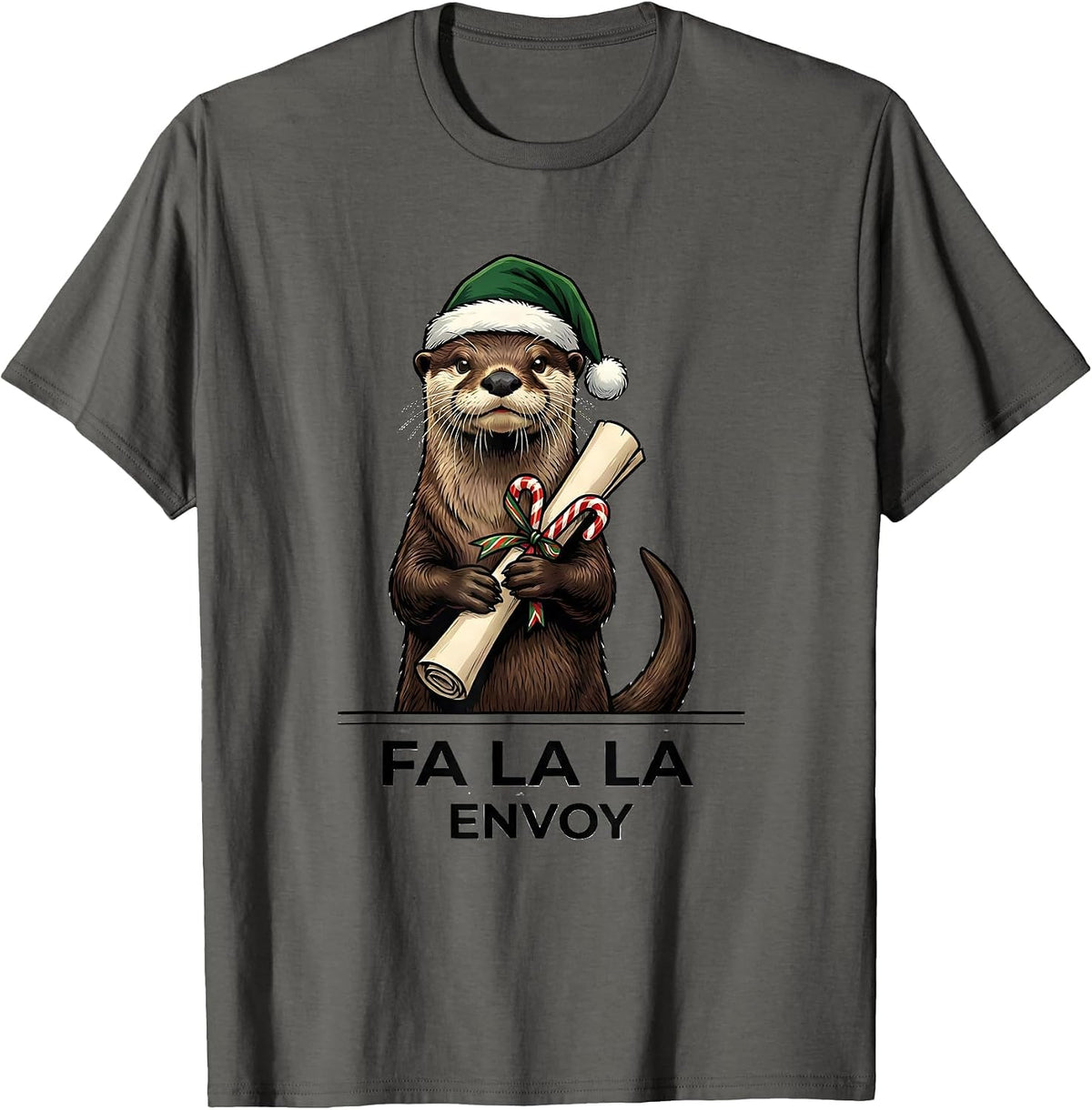 Men's Fa La La Envoy Funny Christmas Otter Mascot Holiday Pun T-Shirt - Asphalt Grey