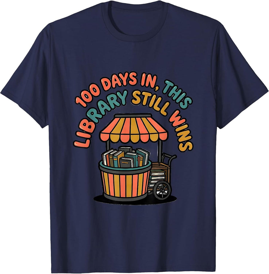 100 Days In This Library Still Wins Teacher Librarian 100th T-Shirt - Navy Blue