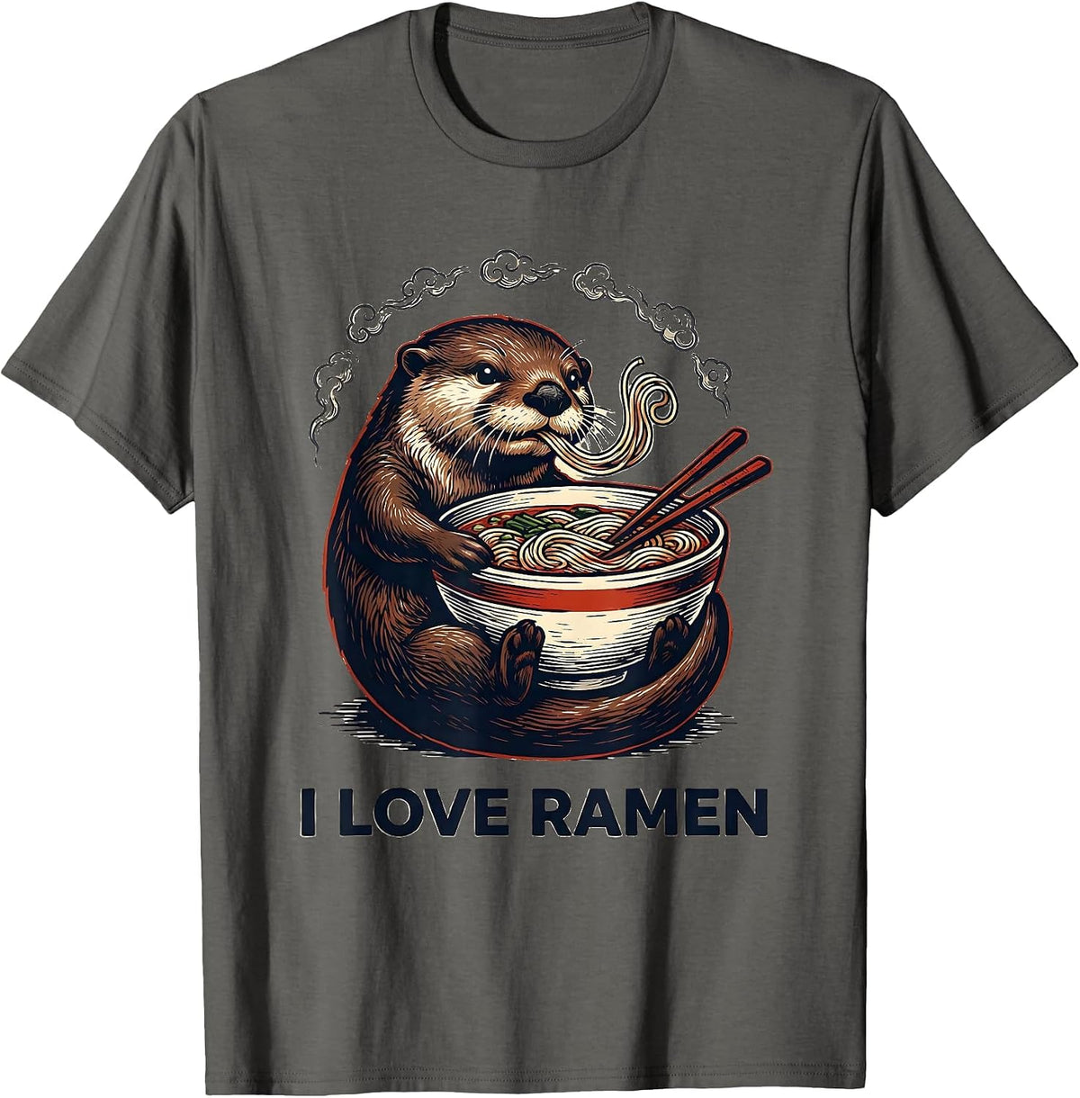 I Love Ramen Kawaii Anime Animal Ramen Lover Cute Otter T-Shirt - Asphalt Grey
