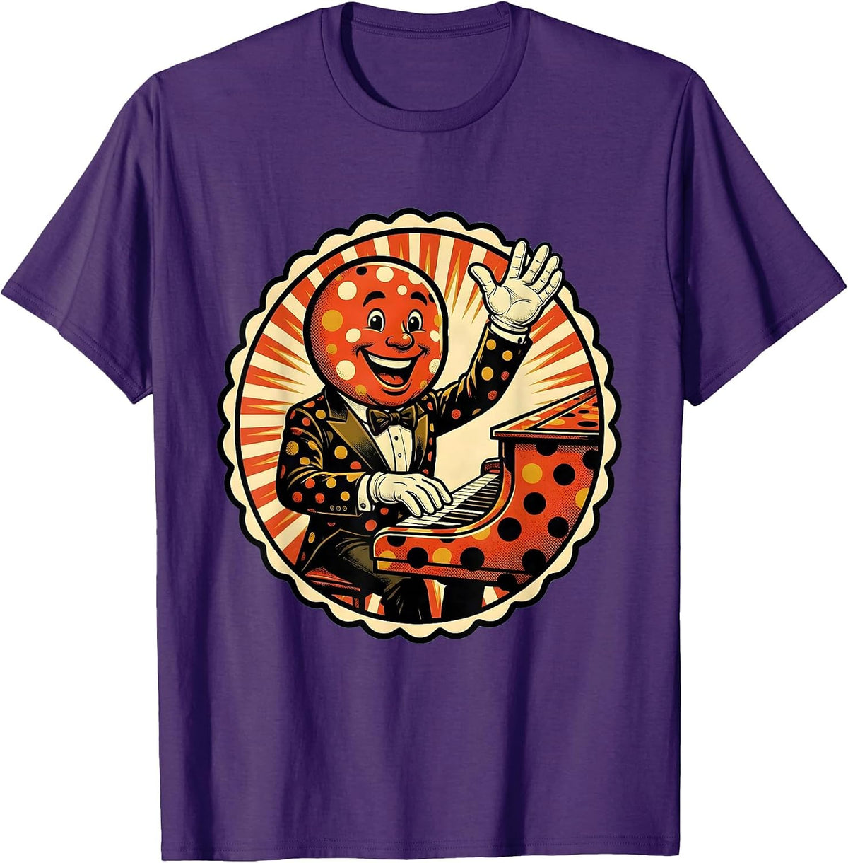 Polka Dot Tuxedo Pianist Graphic Design T-Shirt - Purple