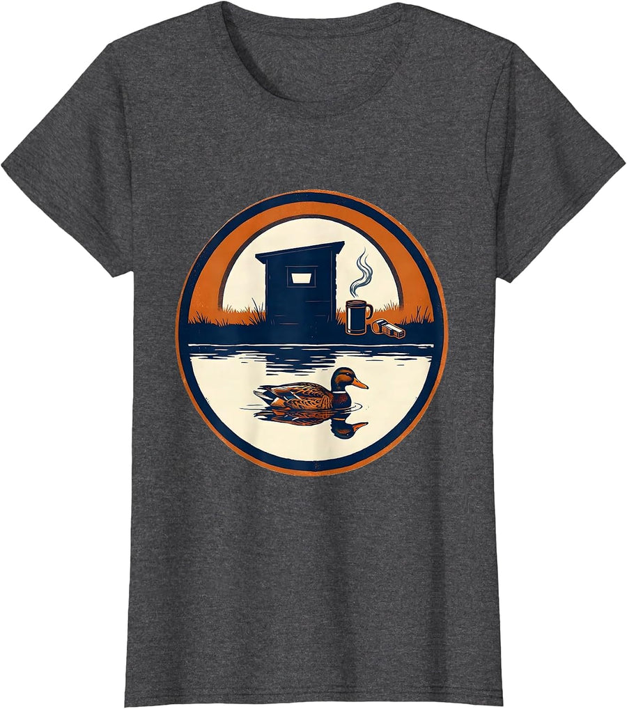 Women's Duck Hunting Blind Mallard Decoy Screenprint Poster T-Shirt - Dark Heather Grey