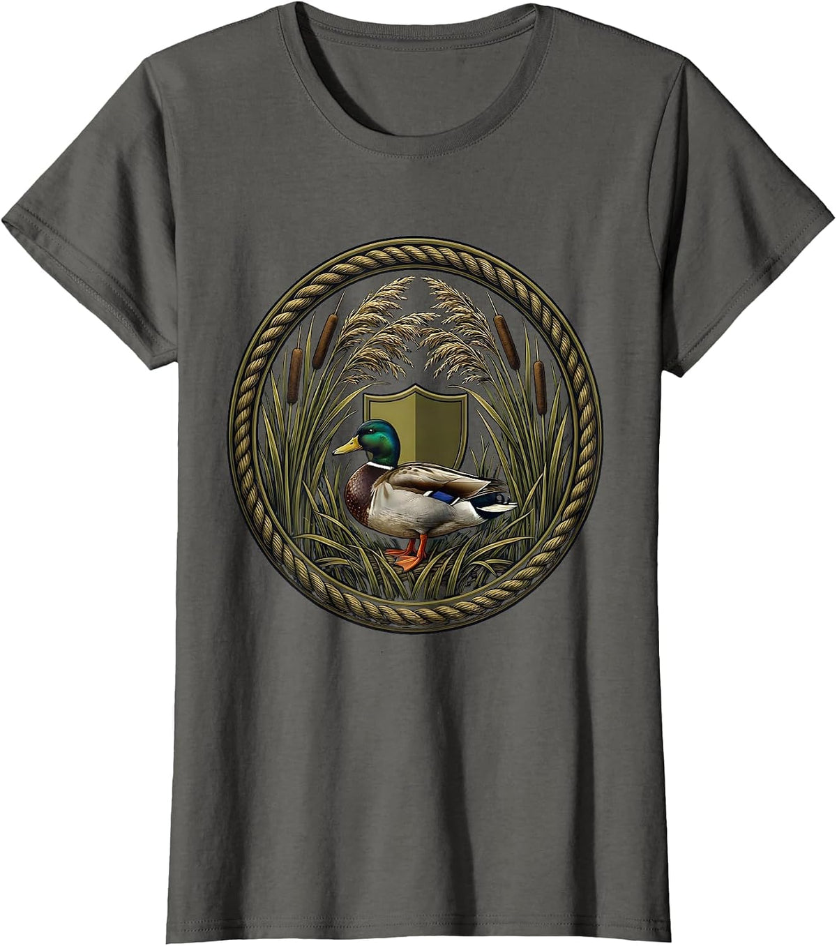 Women's Duck Blind Cattails Hidden Hunting Illustration T-Shirt - Asphalt Grey