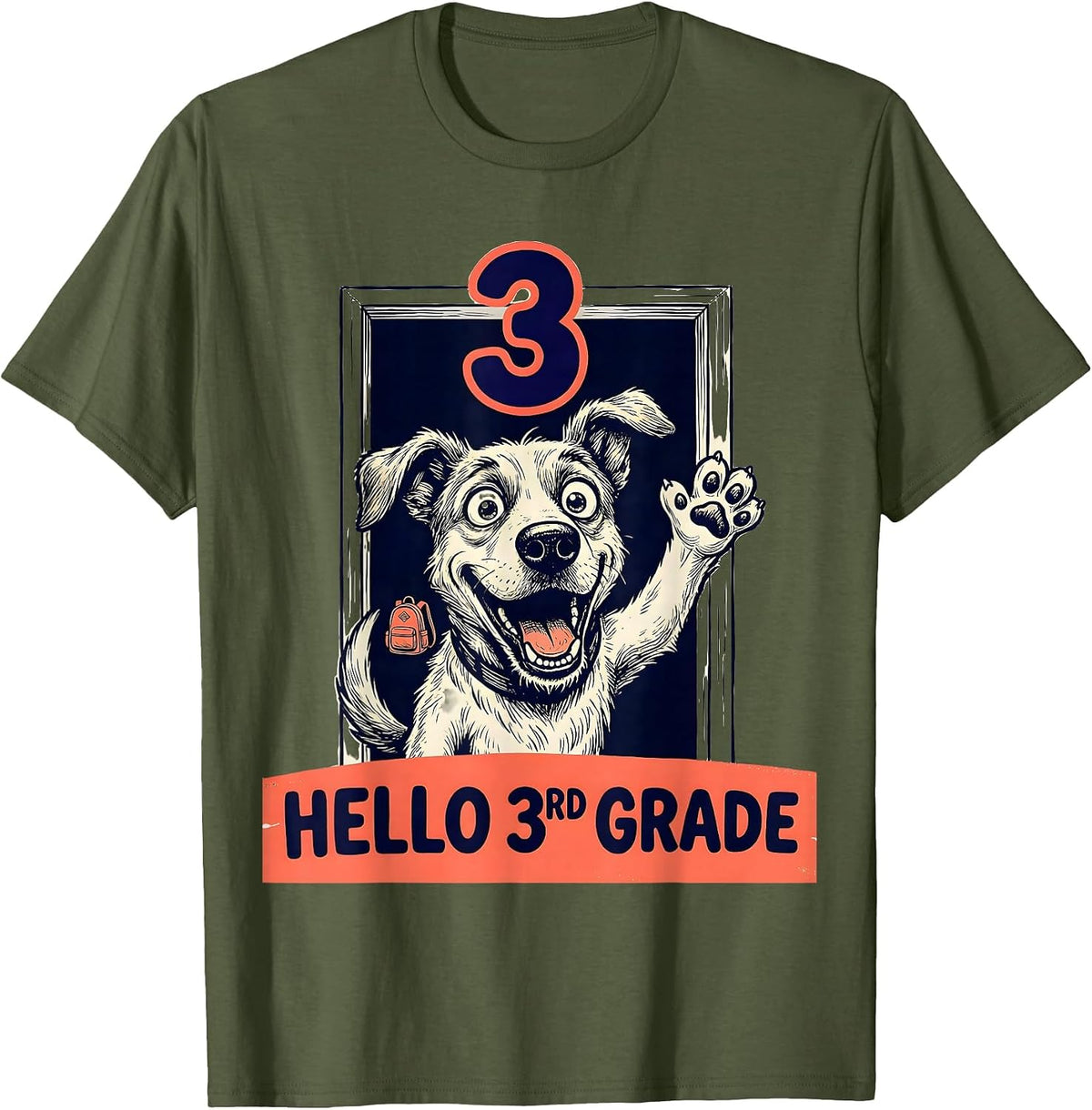 Hello 3rd Grade Cartoon Dog Back To School Teacher Kids T-Shirt - Olive Green