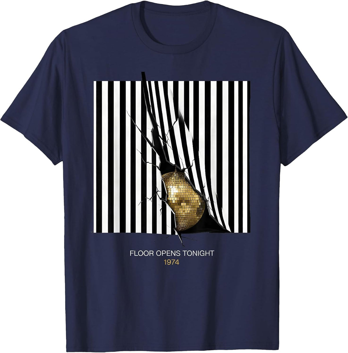 Floor Opens Tonight, 1974 Retro 70s Disco Party Costume T-Shirt - Navy Blue