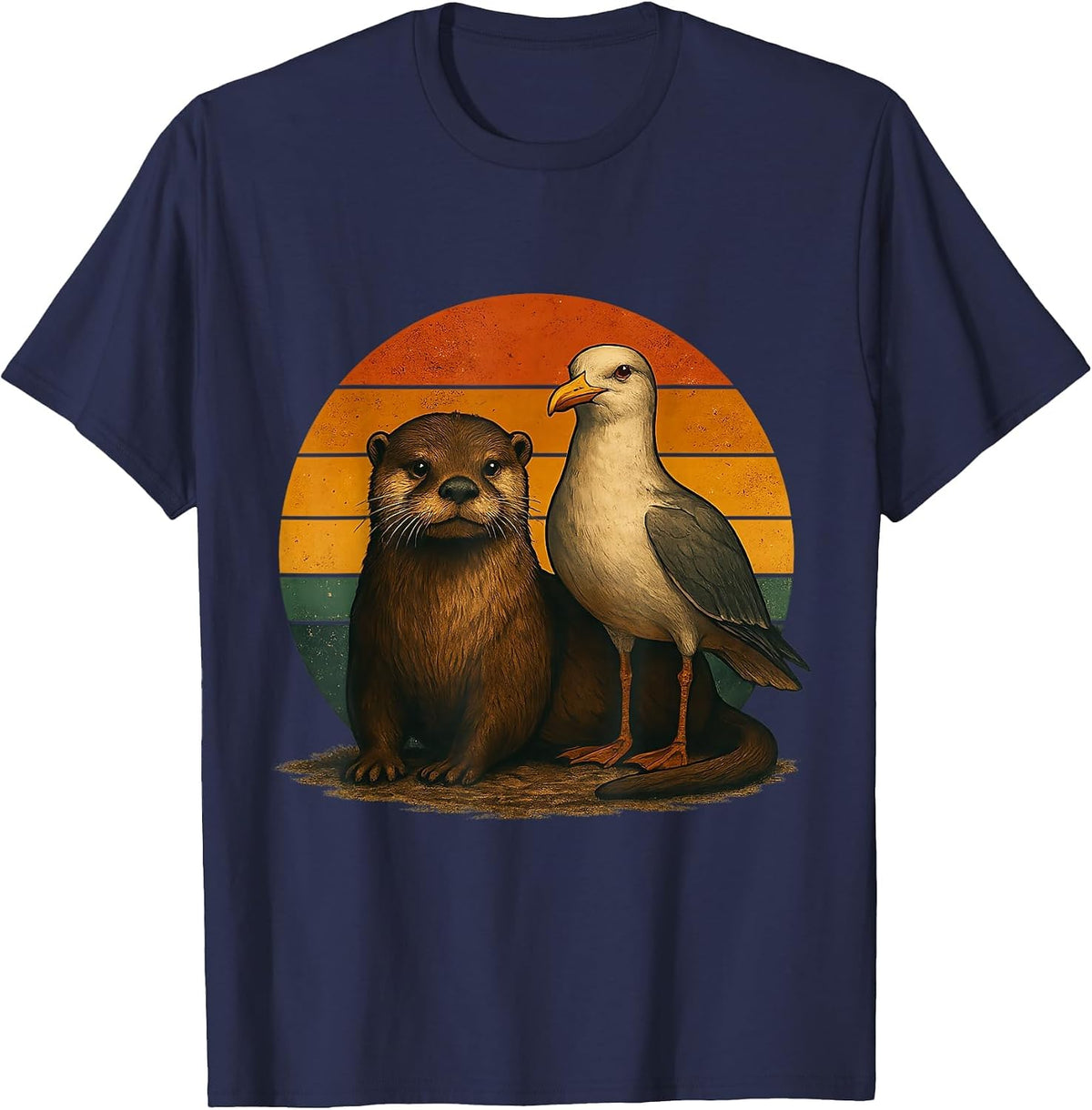 Otter Seagull Retro Animal Friends T-Shirt - Navy Blue