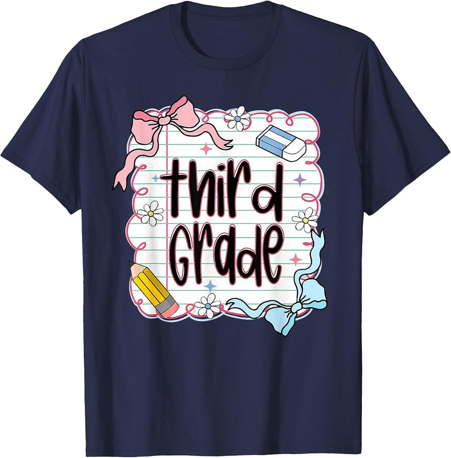 Third Grade Back to School for Girls Pink Notebook T-Shirt - Navy Blue
