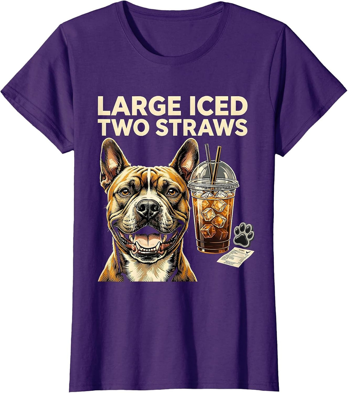 Women's Large Iced Two Straws Funny Pitbull Drinking Iced Coffee T-Shirt - Purple