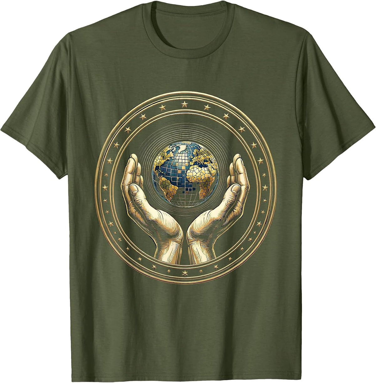 Autism Awareness Hands Cradling Glowing World T-Shirt - Olive Green