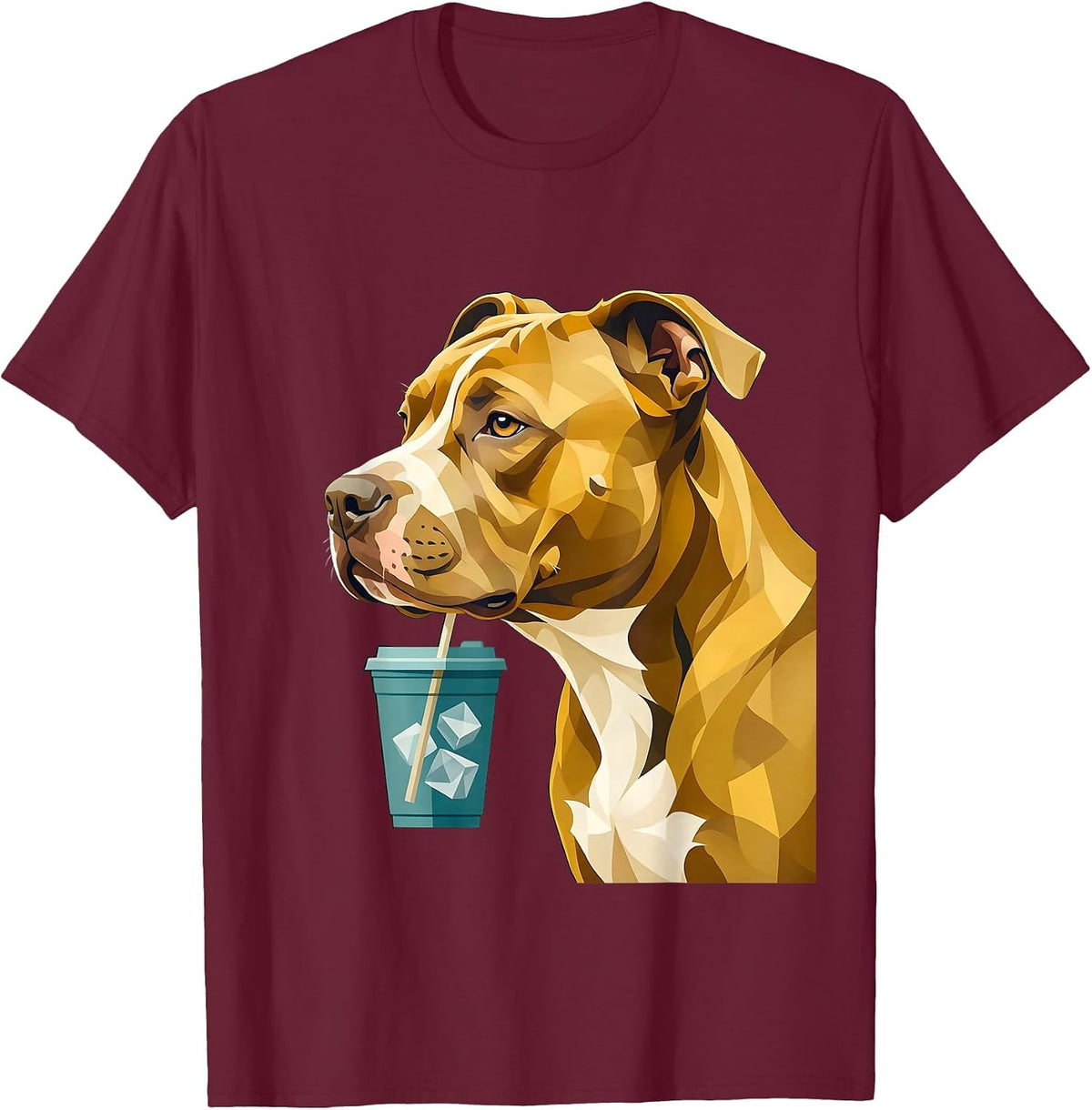 Pitbull Drinking Iced Coffee Midcentury Modern Humor T-Shirt - Burgundy