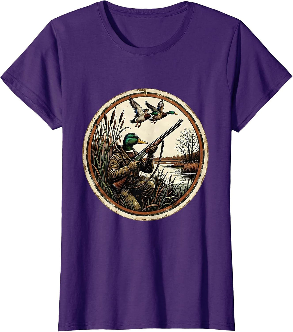 Women's Duck Hunter in Blind Shotgun Raised Hunting Art T-Shirt - Purple