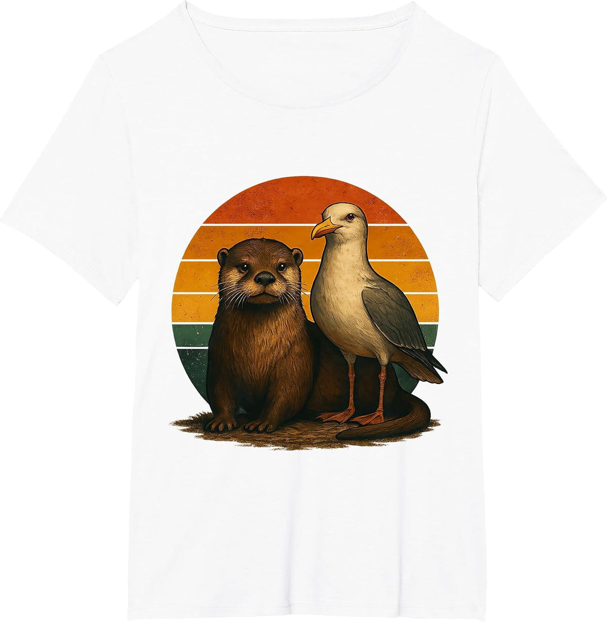 Otter Seagull Retro Animal Friends T-Shirt - White