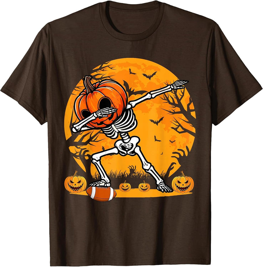 Dabbing Football Pumpkin Skeleton Football Player Halloween T-Shirt - Brown