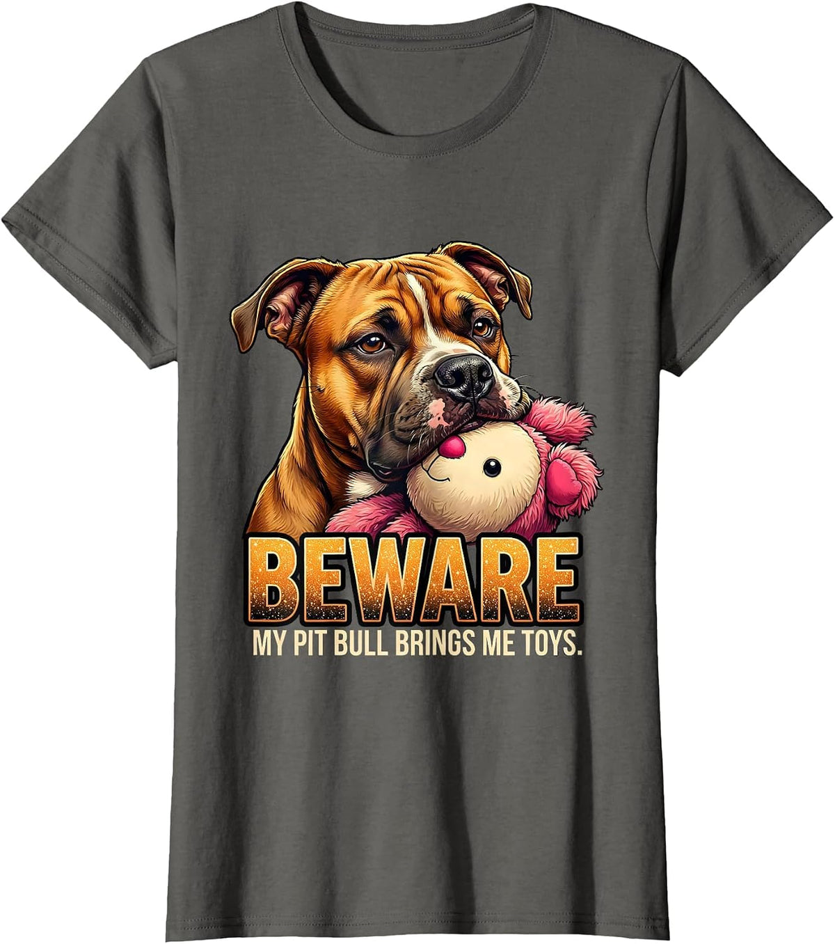 Women's Beware, My Pit Bull Brings Me Toys Funny Pitbull Dog Mom T-Shirt - Asphalt Grey