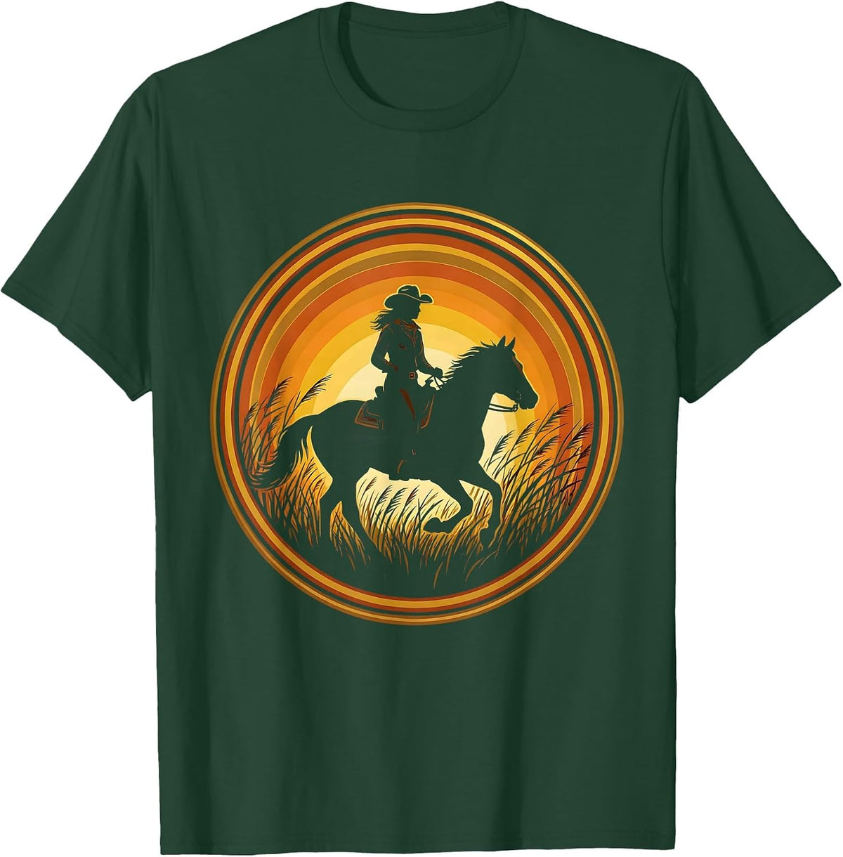 Men's Cowgirl on Horseback Golden Grass 90s Country T-Shirt - Dark Green