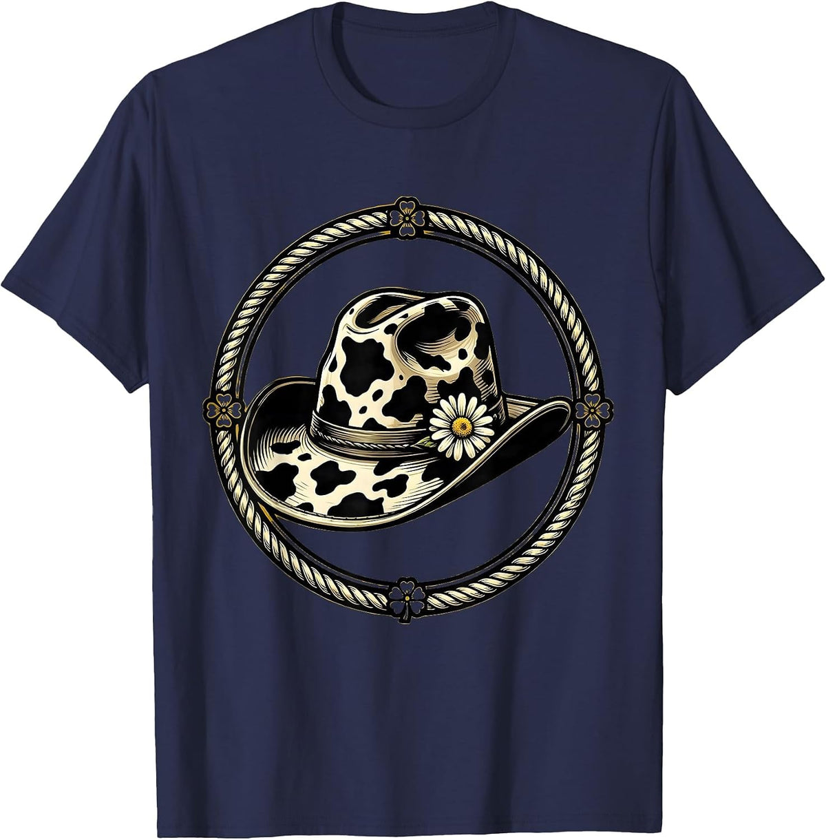 Men's Cow Print Cowboy Hat With Daisy Illustration T-Shirt - Navy Blue