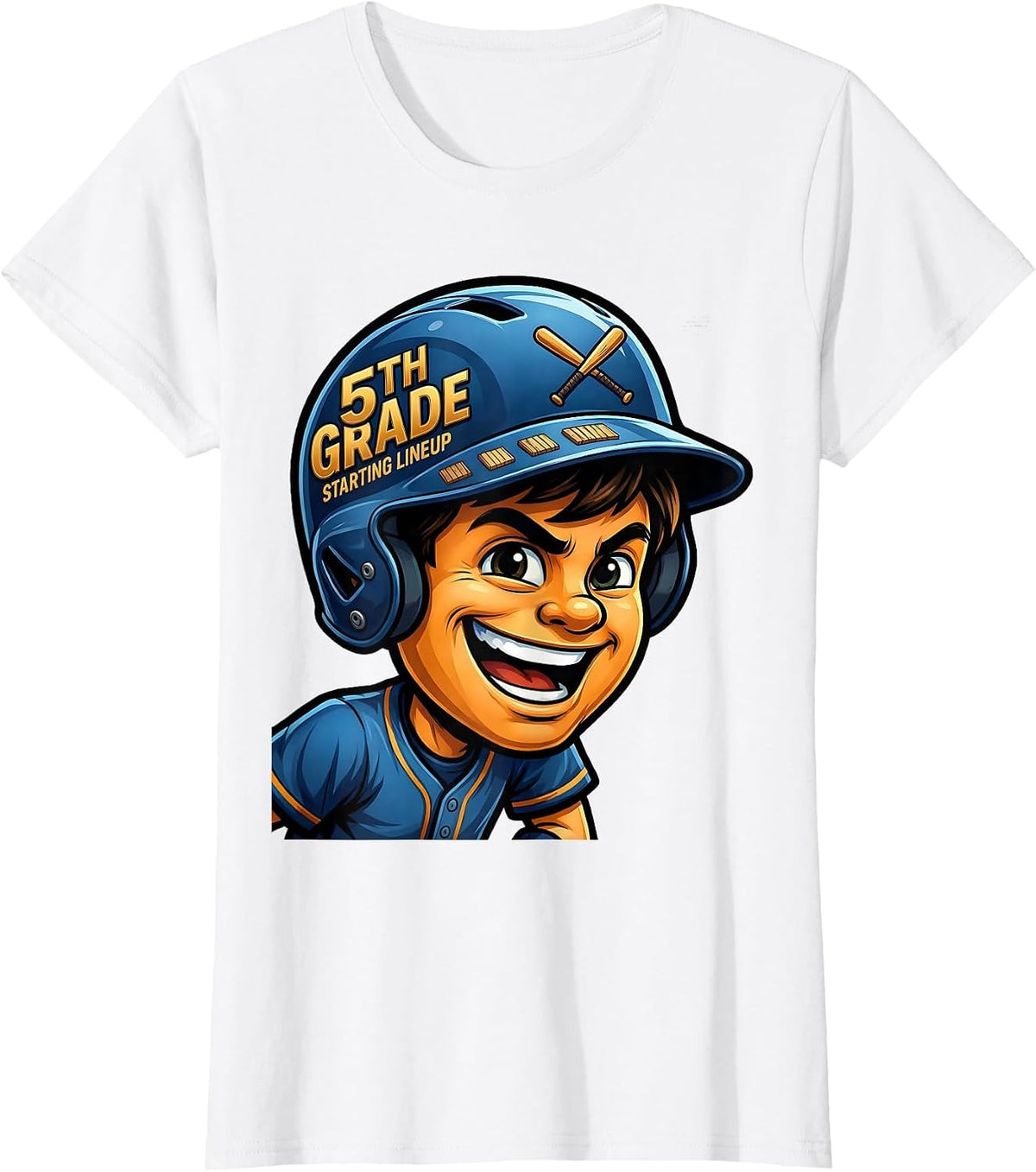 5th Grade Starting Lineup Cartoon Baseball Boy Mascot Back T-Shirt - White