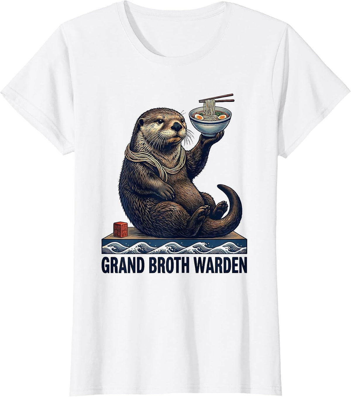 Women's Grand Broth Warden Ukiyo-e Cute Sea Otter Ramen Anime Gift T-Shirt - White