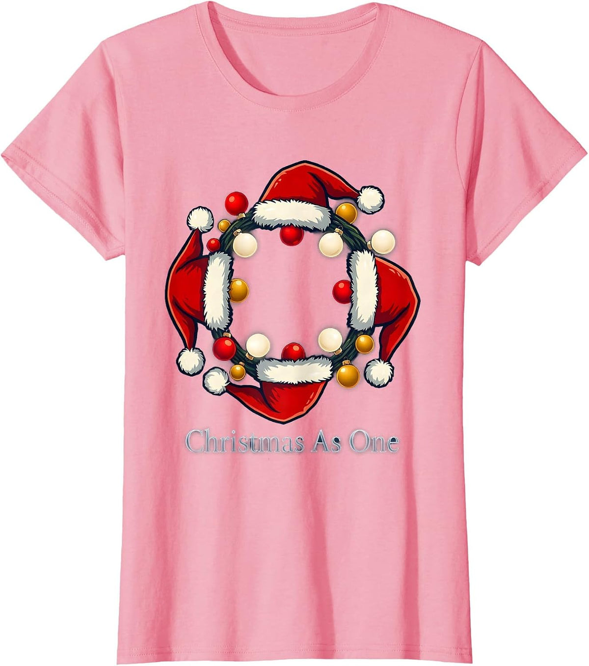 Women's Christmas As One Family Matching Santa Hat Holiday Pajama T-Shirt - Pink