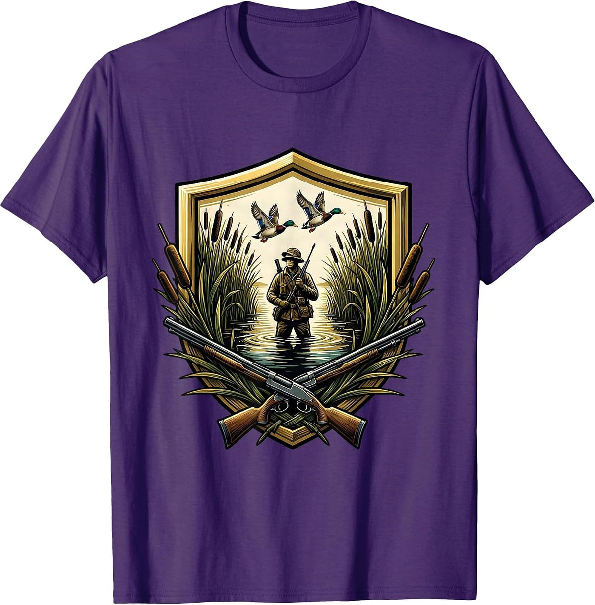 Duck Hunter Hidden in Tall Marsh Reeds Illustration T-Shirt - Purple