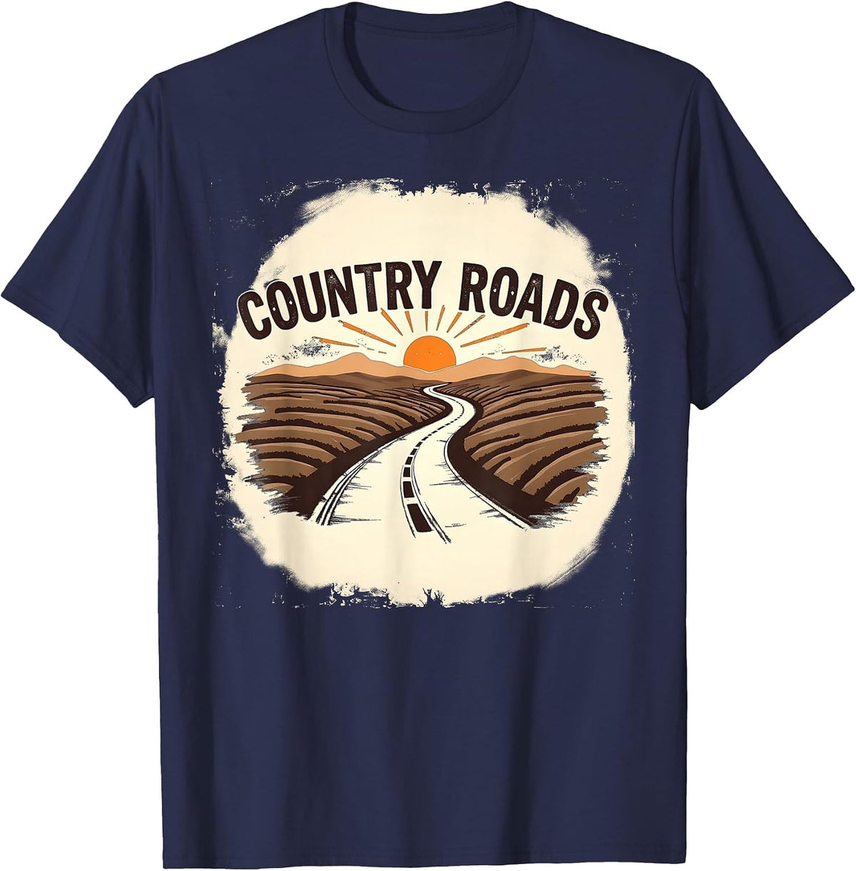 Country Roads Mens Rural Sunset Graphic T-Shirt - Navy Blue
