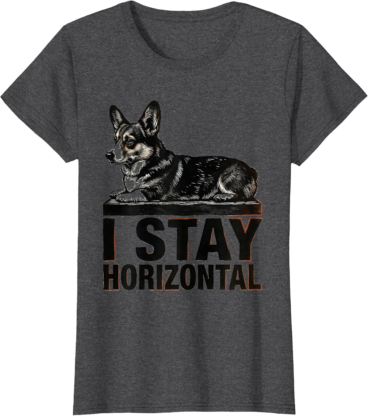 Women's I Stay Horizontal Funny Corgi Dog Lover Humor T-Shirt - Dark Heather Grey