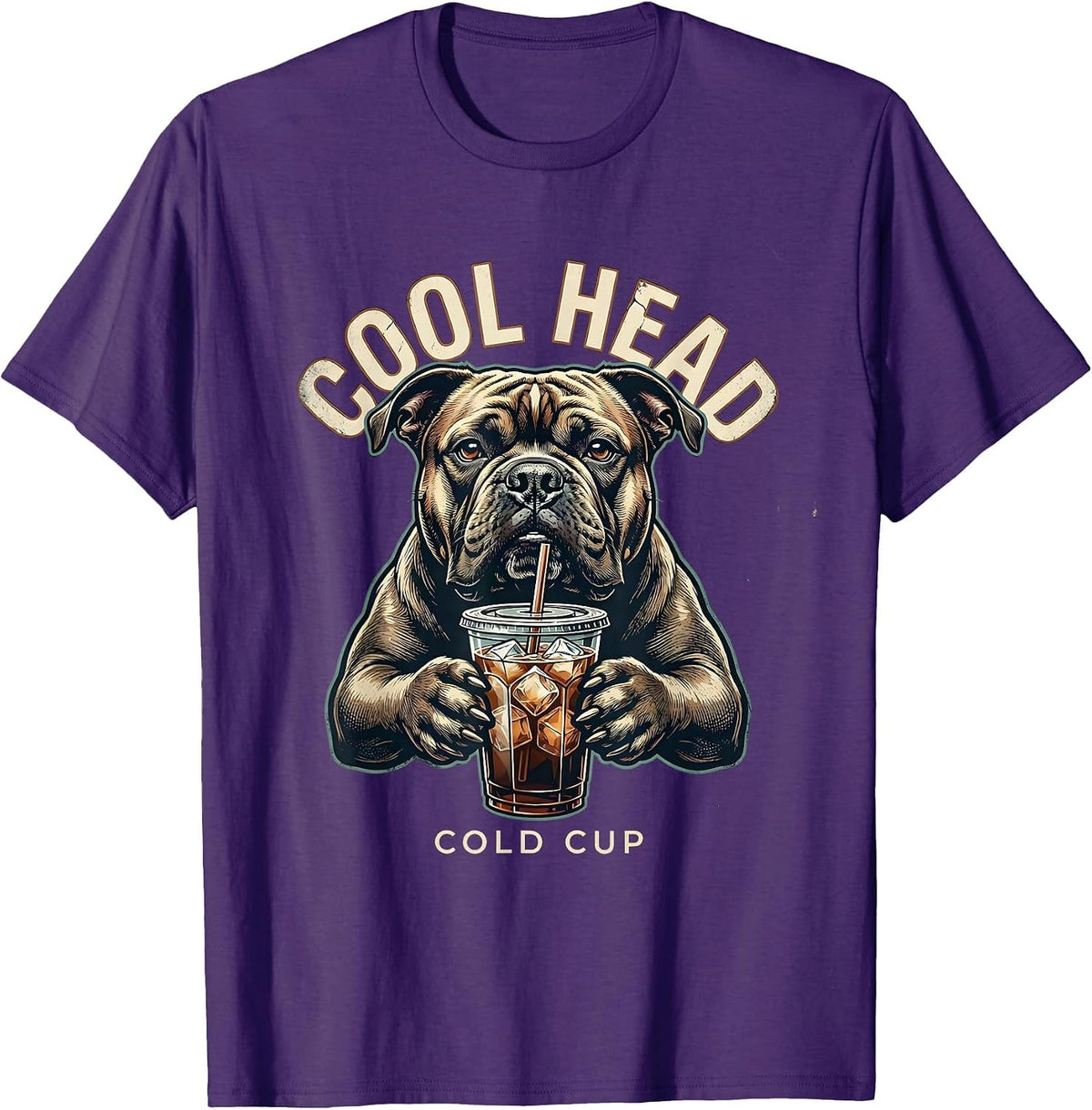 Cool Head, Cold Cup Distressed Pitbull Drinking Iced Coffee T-Shirt - Purple