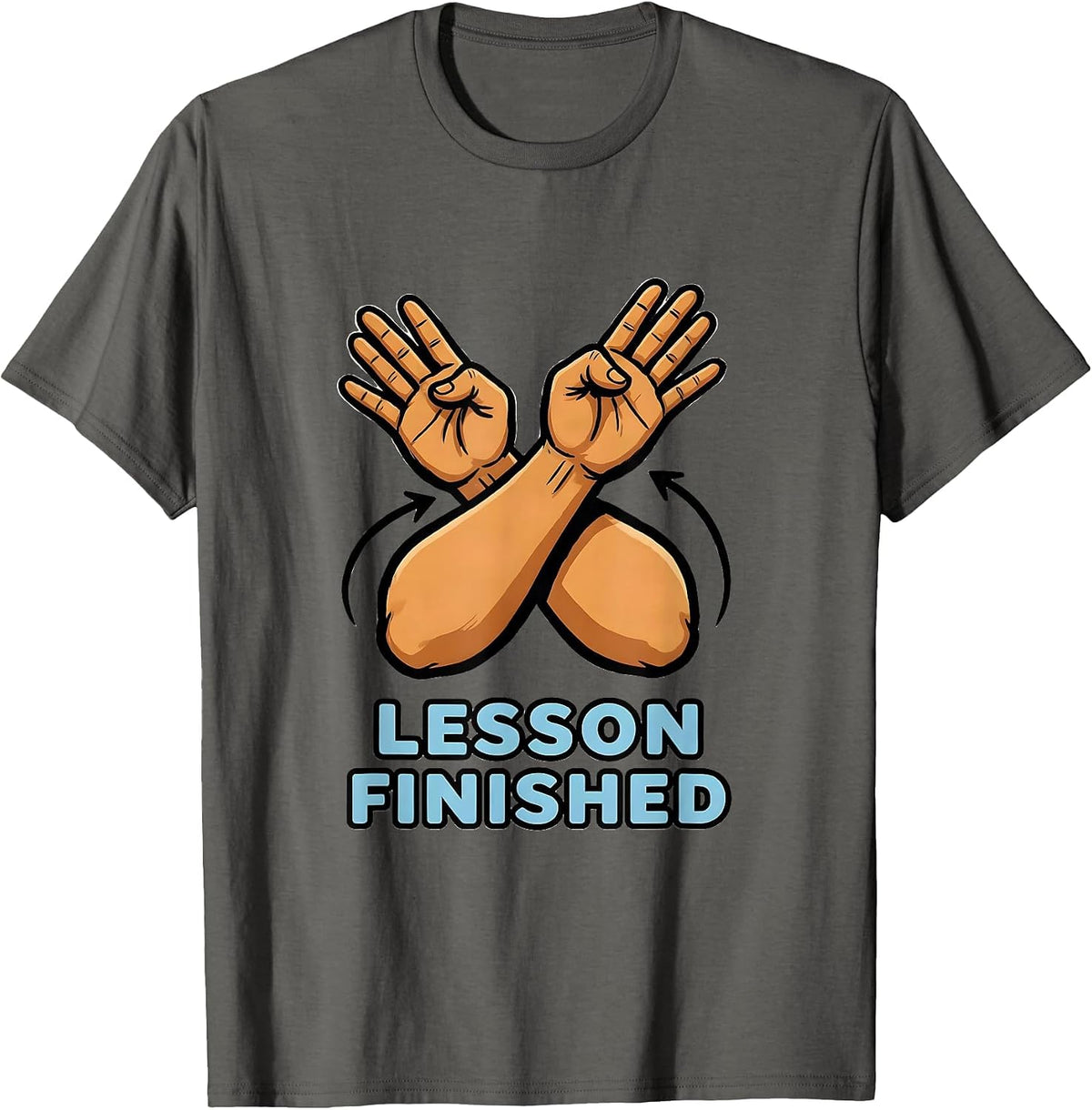Lesson Finished Cartoon ASL Sign Language Teacher Classroom T-Shirt - Asphalt Grey