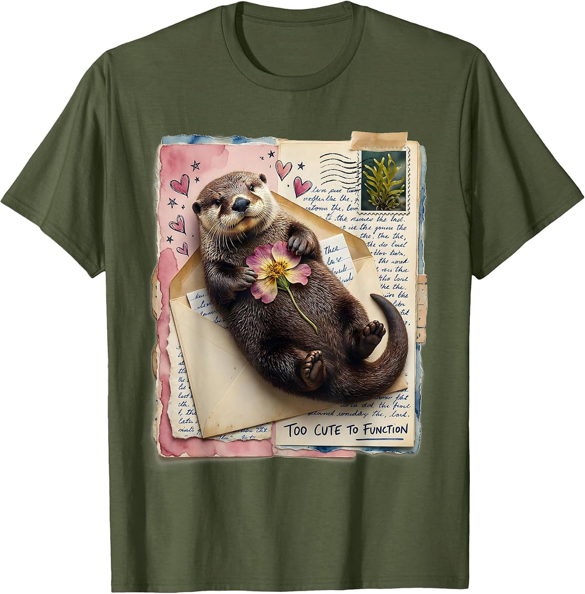 Men's Too Cute To Function Sea Otter Design T-Shirt - Olive Green