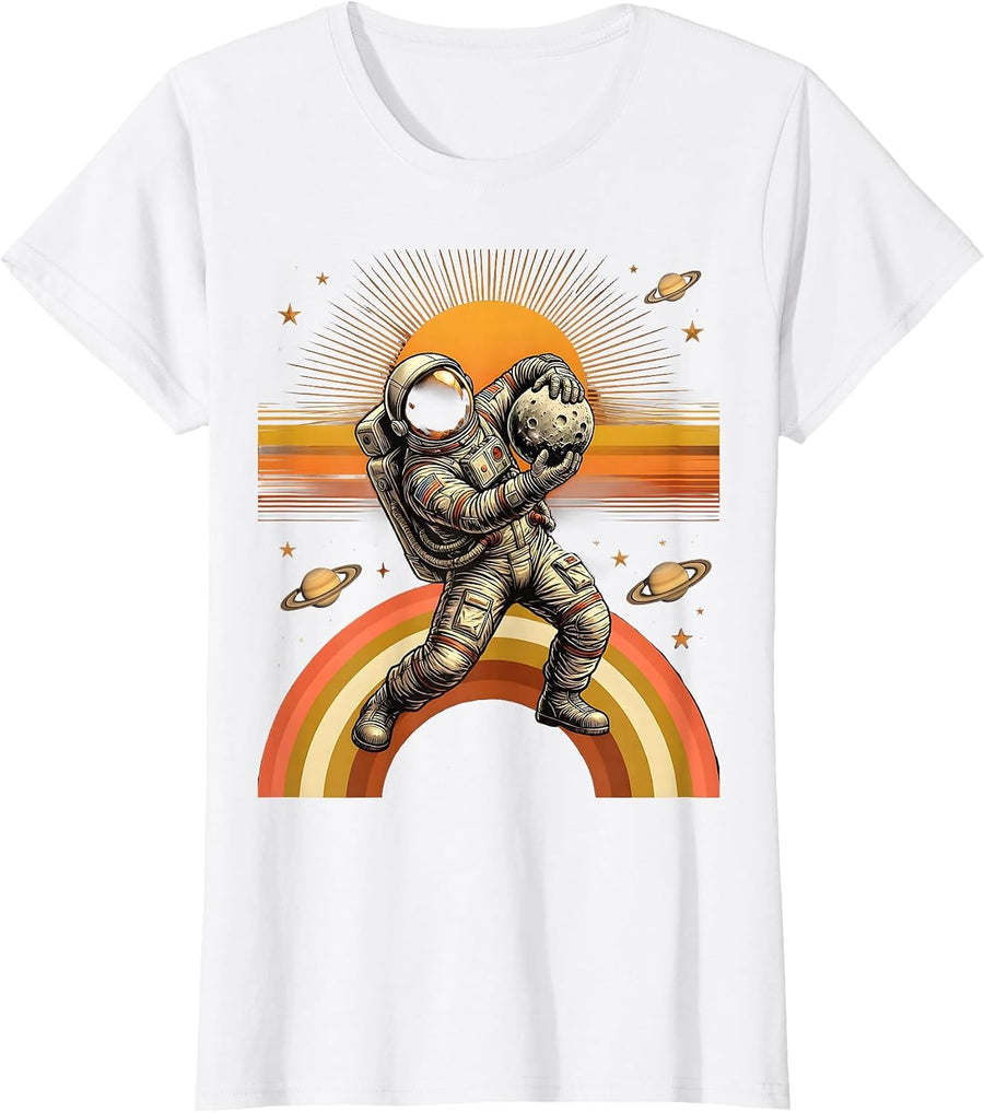 Women's Astronaut Bowling the Moon Yeet Space Art T-Shirt - White