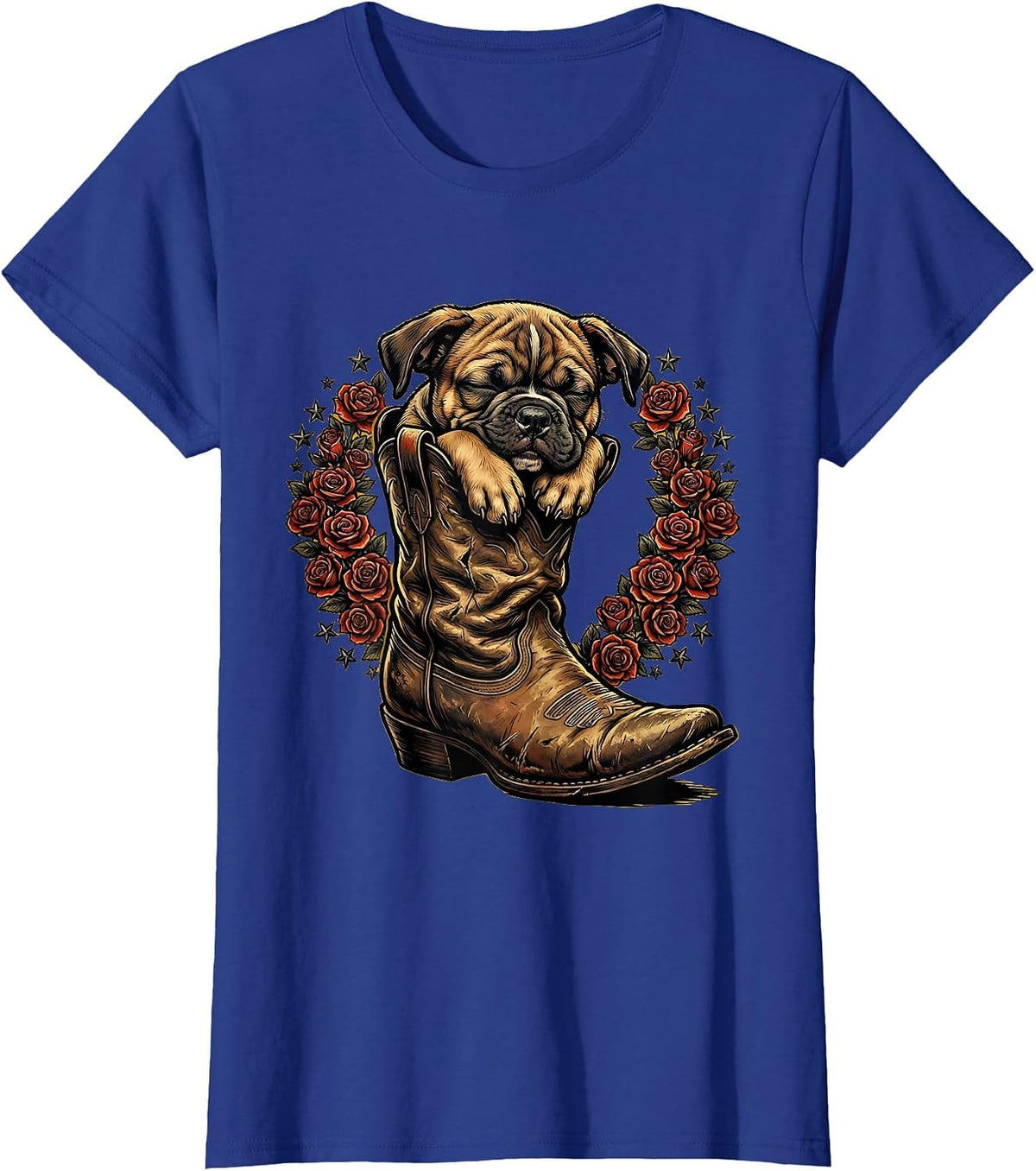 Women's Pitbull Puppy Sleeping in Oversized Boot T-Shirt - Royal Blue