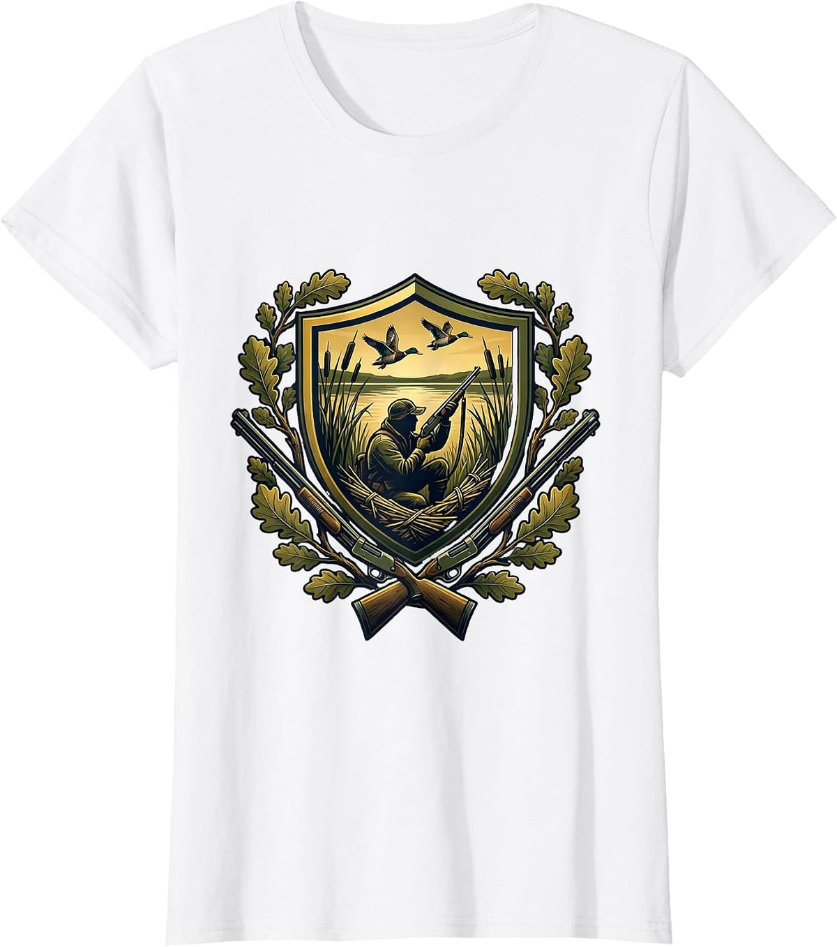 Camo Duck Blind Hunter Silhouette at Dawn T-Shirt - White