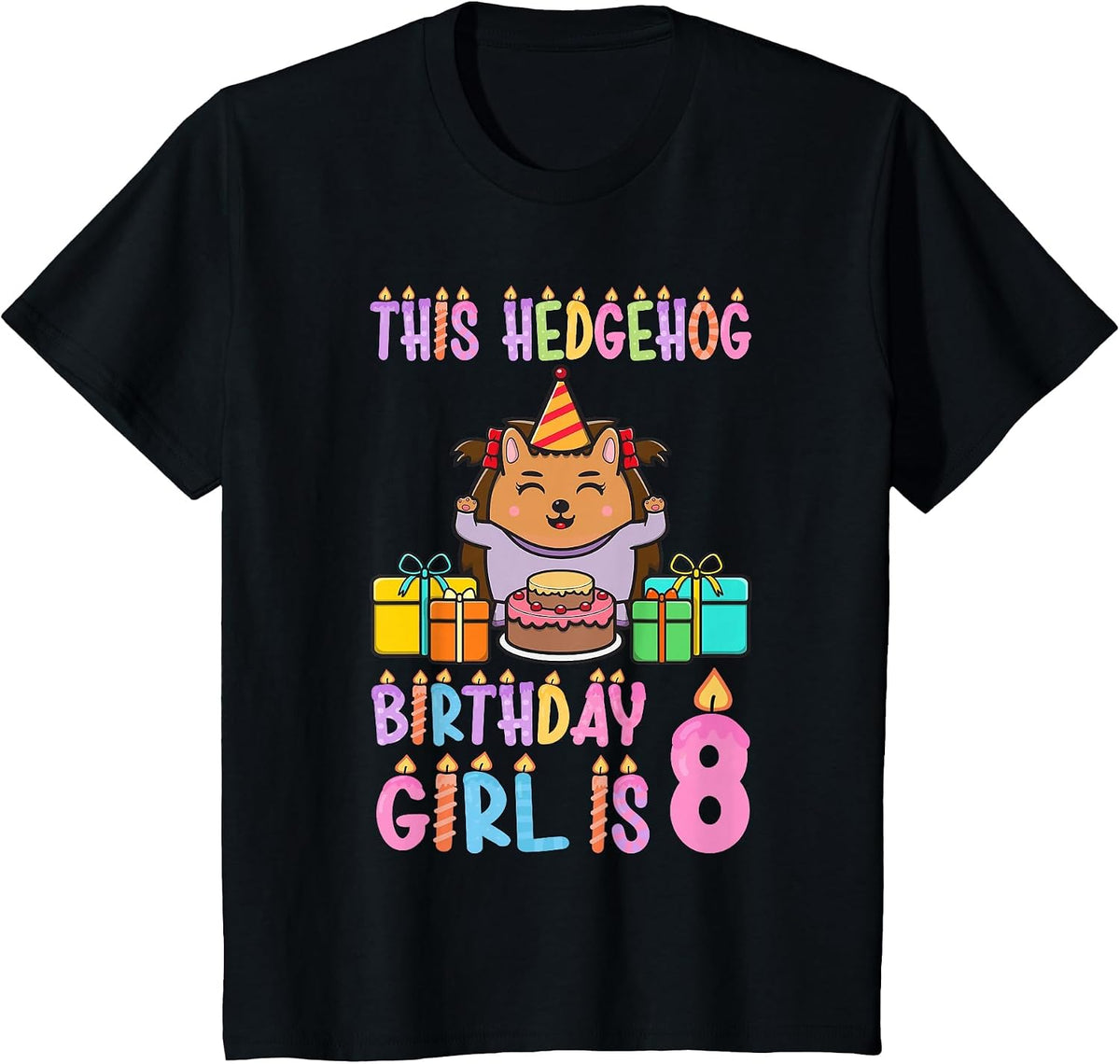 This Hedgehog Birthday Girl is 8 Birthday T-Shirt - Black