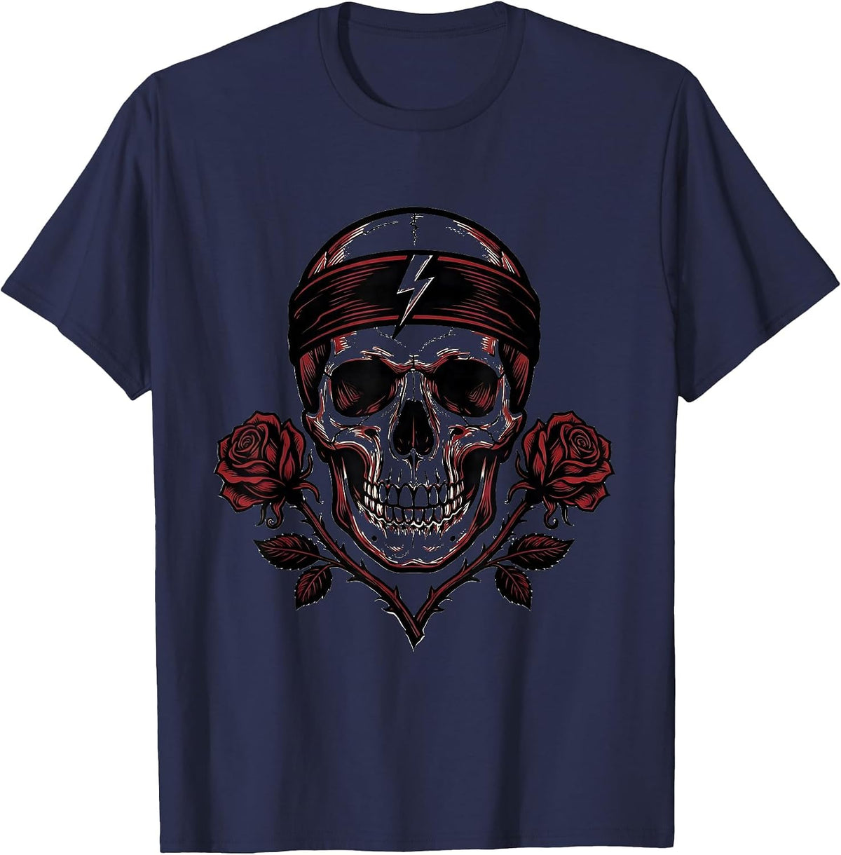 Rock Skull Vintage Band Headband Graphic T-Shirt - Navy Blue
