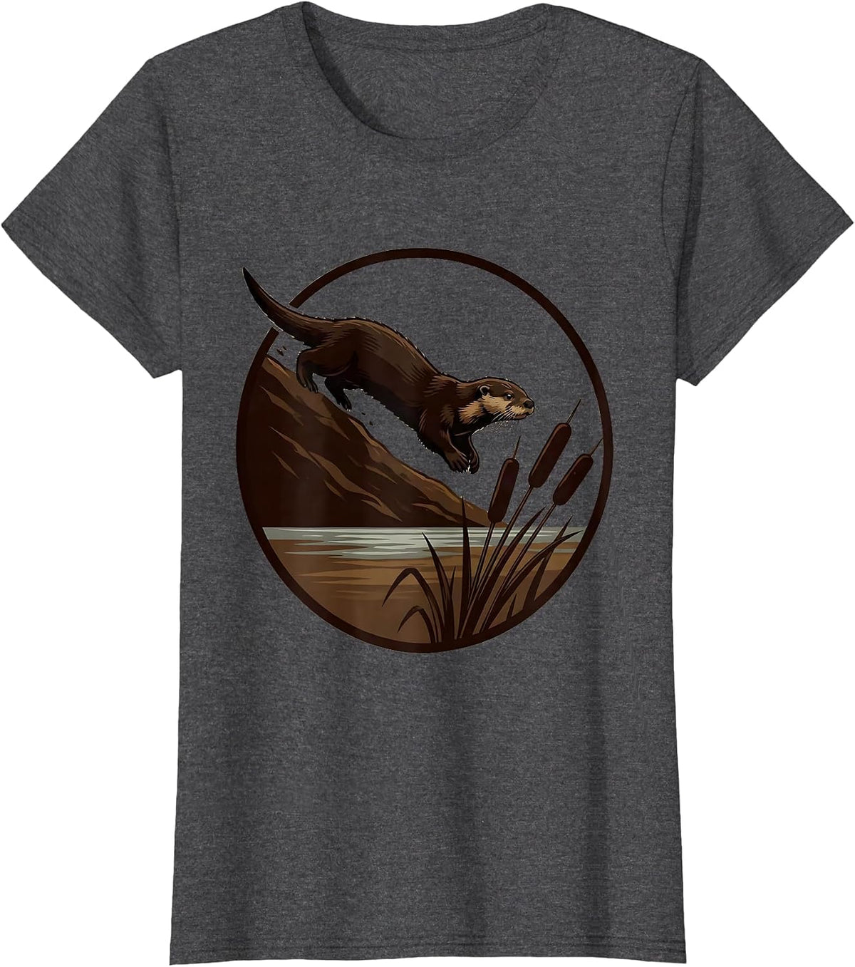 Women's River Otter Bottomland Camo Sliding Down Muddy Bank T-Shirt - Dark Heather Grey