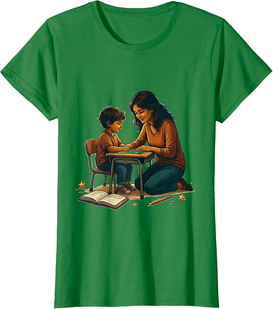 Women's Special Education Teacher Kneeling With Student Desk T-Shirt - Kelly Green