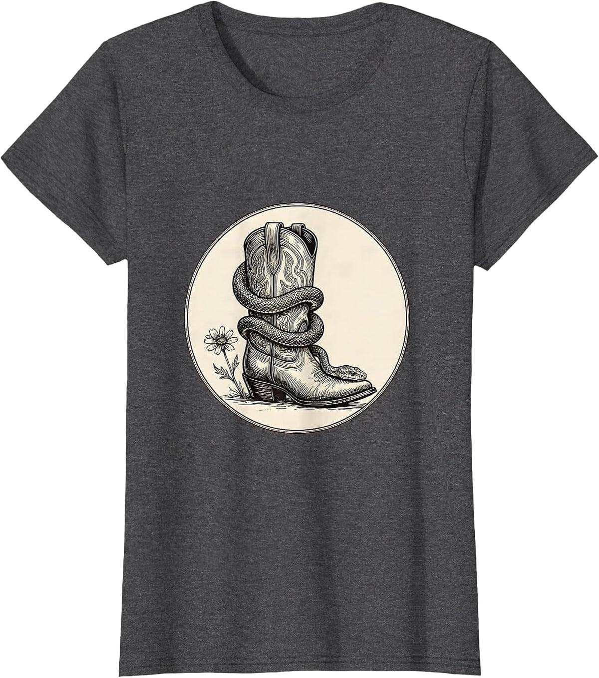 Women's Snake Coiled Around Cowboy Boot Western Graphic T-Shirt - Dark Heather Grey
